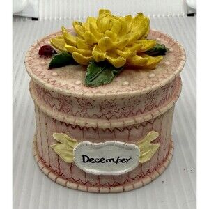 December Trinket Box Linda Grayson Flowers Cake Ladybug 1995 Vintage